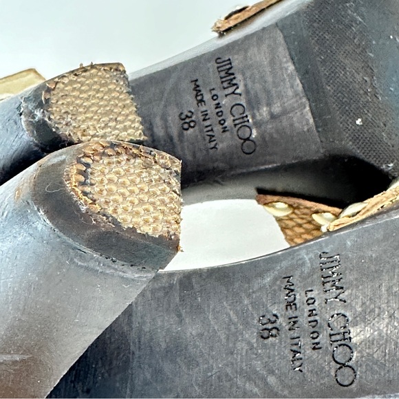 JIMMY CHOO Leather Snake Embossed Tan and Brown Wood High Heels. Size 38 US 8 - Picture 13 of 15